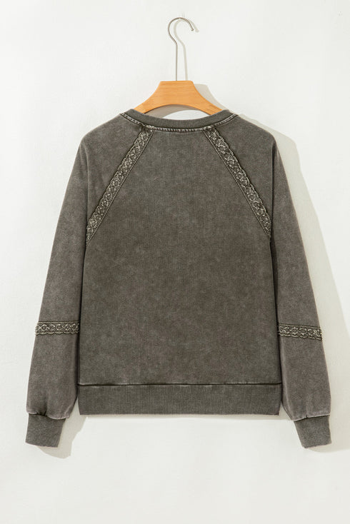 Vintage Wash Split Neck Crochet Sleeve Sweatshirt