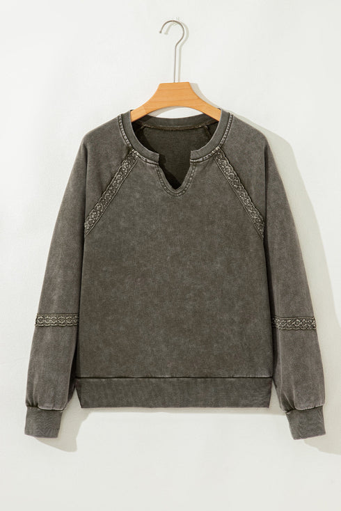 Vintage Wash Split Neck Crochet Sleeve Sweatshirt