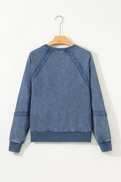 Vintage Wash Split Neck Crochet Sleeve Sweatshirt