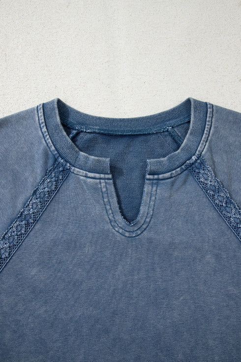 Vintage Wash Split Neck Crochet Sleeve Sweatshirt