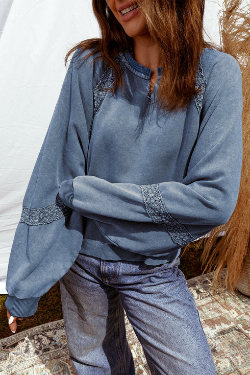 Vintage Wash Split Neck Crochet Sleeve Sweatshirt