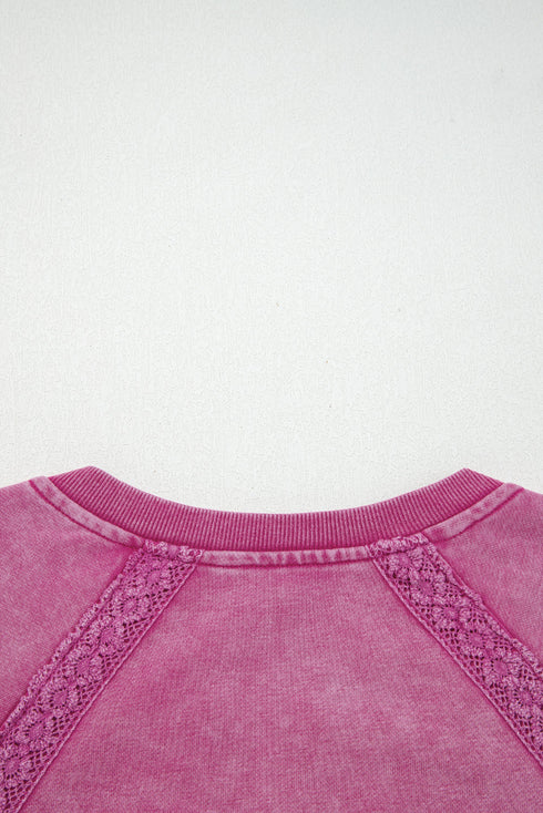 Vintage Wash Split Neck Crochet Sleeve Sweatshirt