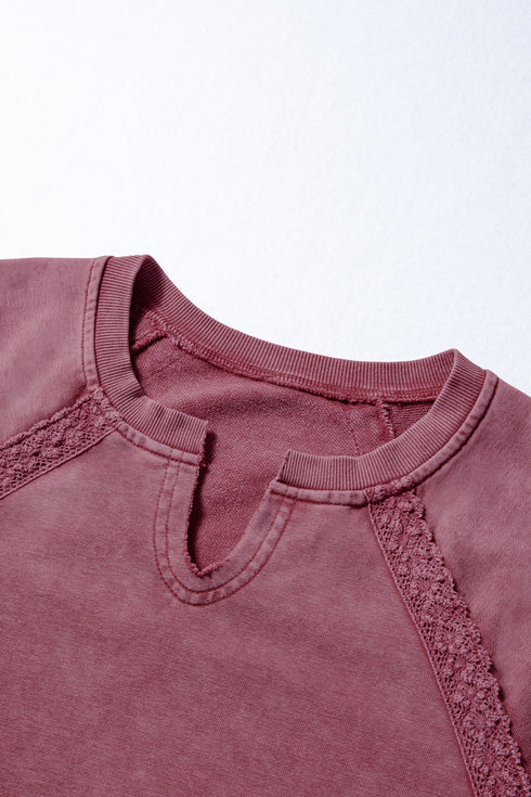 Vintage Wash Split Neck Crochet Sleeve Sweatshirt