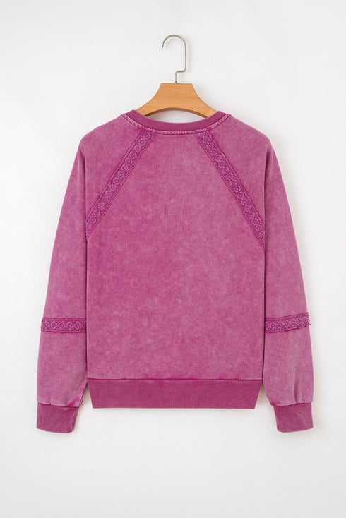 Vintage Wash Split Neck Crochet Sleeve Sweatshirt