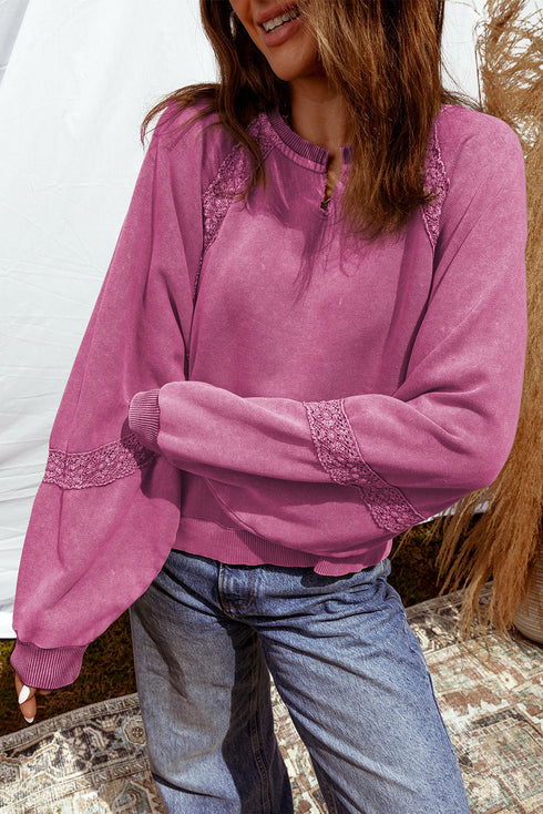 Vintage Wash Split Neck Crochet Sleeve Sweatshirt