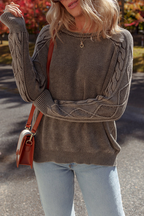 Vintage Washed Cable Sleeve Raglan Knit Sweater