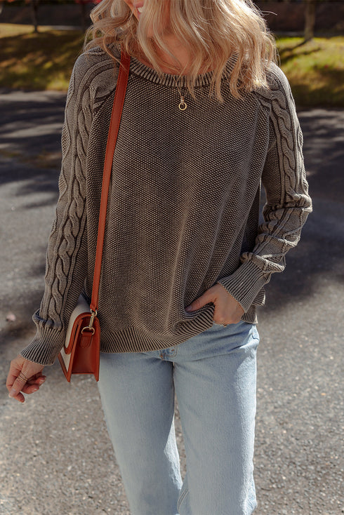 Vintage Washed Cable Sleeve Raglan Knit Sweater