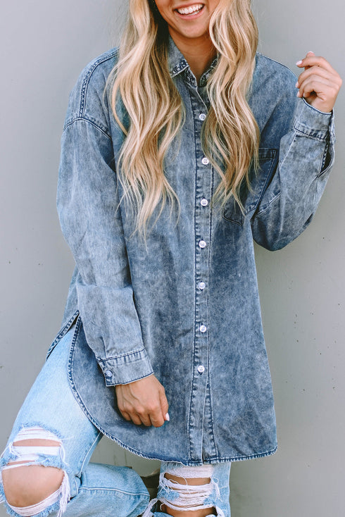 Vintage Washed Distressed Cotton Denim Chest Pocket Shirt