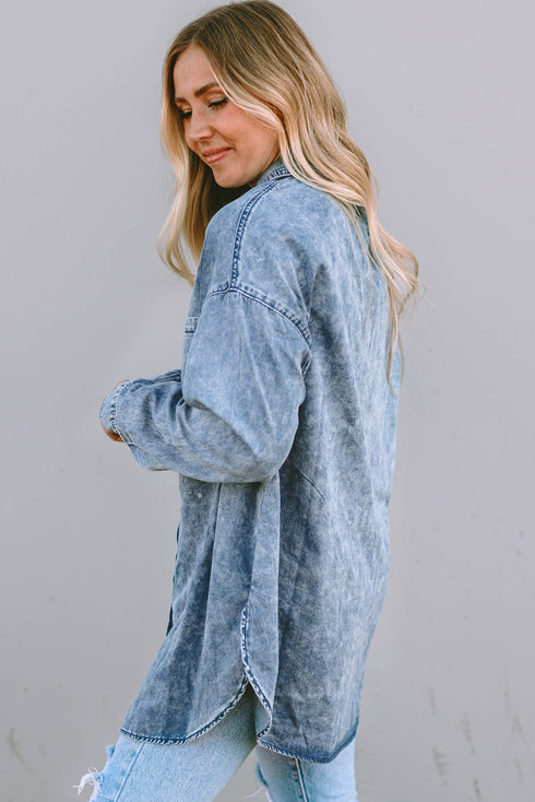 Vintage Washed Distressed Cotton Denim Chest Pocket Shirt