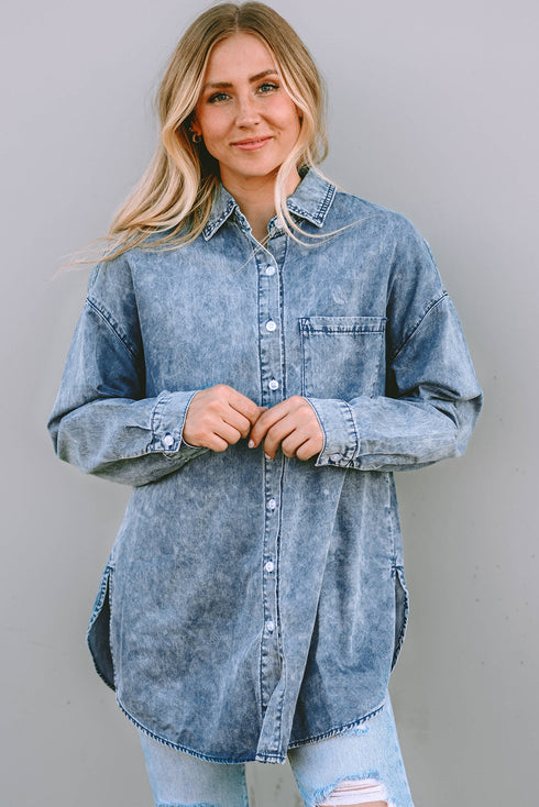 Vintage Washed Distressed Cotton Denim Chest Pocket Shirt