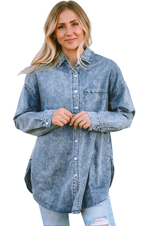 Vintage Washed Distressed Cotton Denim Chest Pocket Shirt