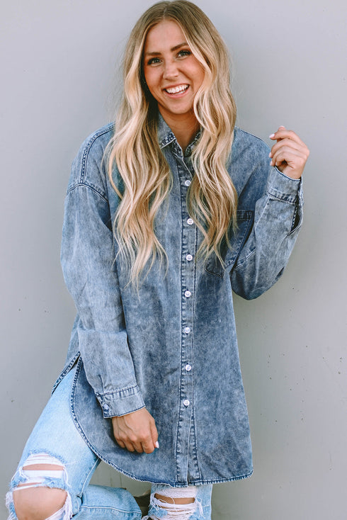 Vintage Washed Distressed Cotton Denim Chest Pocket Shirt