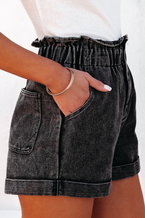 Vintage Washed Frilled High Waist Western Denim Shorts