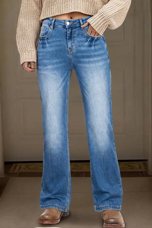 Vintage Washed Full Length Straight Leg Denim Jeans