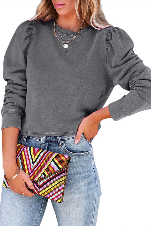 Vintage Washed Puff Sleeve Crew Neck Sweatshirt