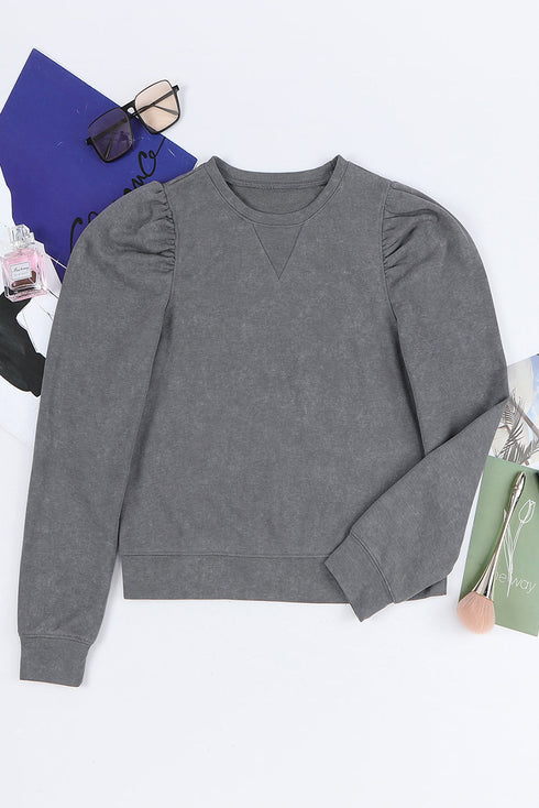 Vintage Washed Puff Sleeve Crew Neck Sweatshirt