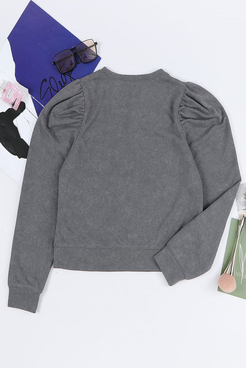 Vintage Washed Puff Sleeve Crew Neck Sweatshirt