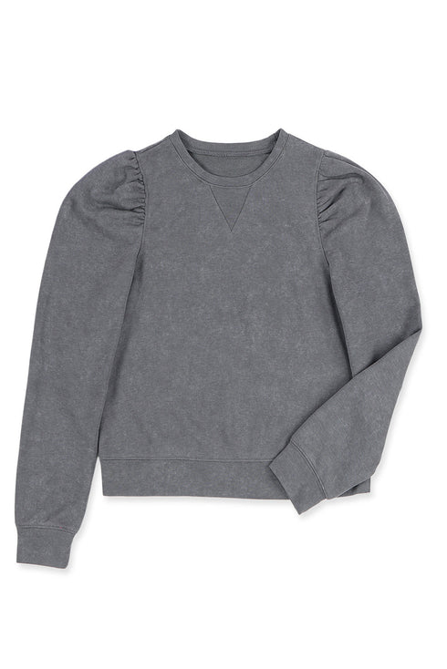 Vintage Washed Puff Sleeve Crew Neck Sweatshirt