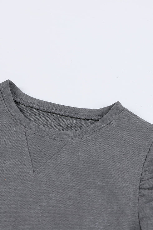 Vintage Washed Puff Sleeve Crew Neck Sweatshirt
