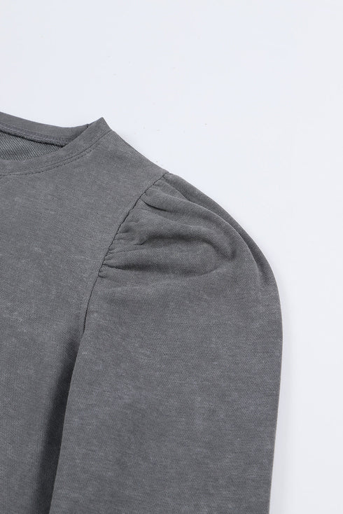 Vintage Washed Puff Sleeve Crew Neck Sweatshirt