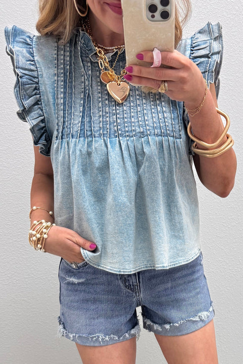 Vintage Washed Ruffle Sleeve Western Denim Top