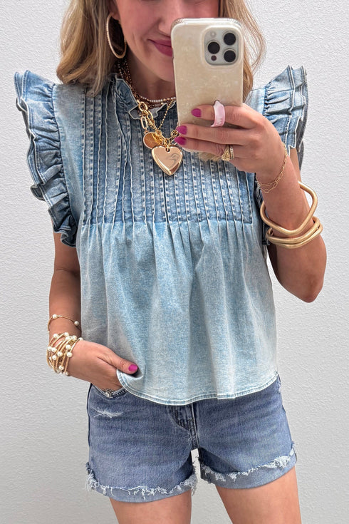 Vintage Washed Ruffle Sleeve Western Denim Top