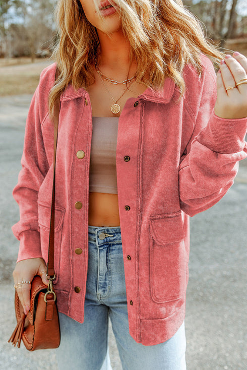 Vintage Washed Solid Flap Pocket Button Up Shacket Jacket
