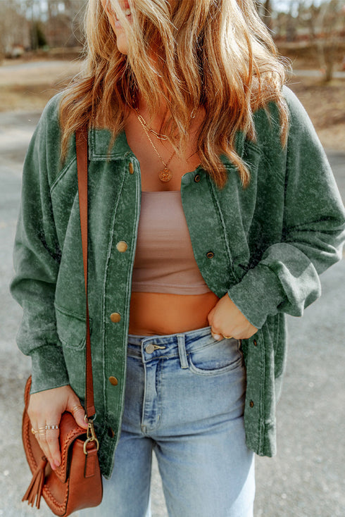Vintage Washed Solid Flap Pocket Button Up Shacket Jacket