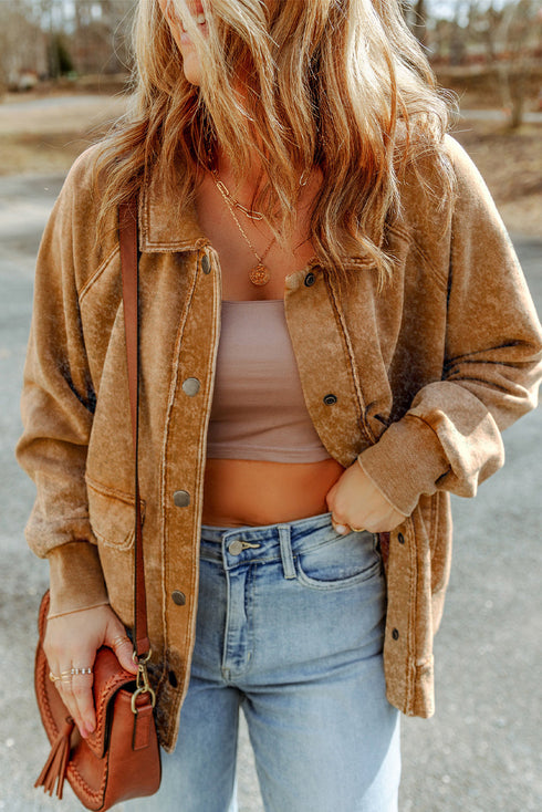 Vintage Washed Solid Flap Pocket Button Up Shacket Jacket