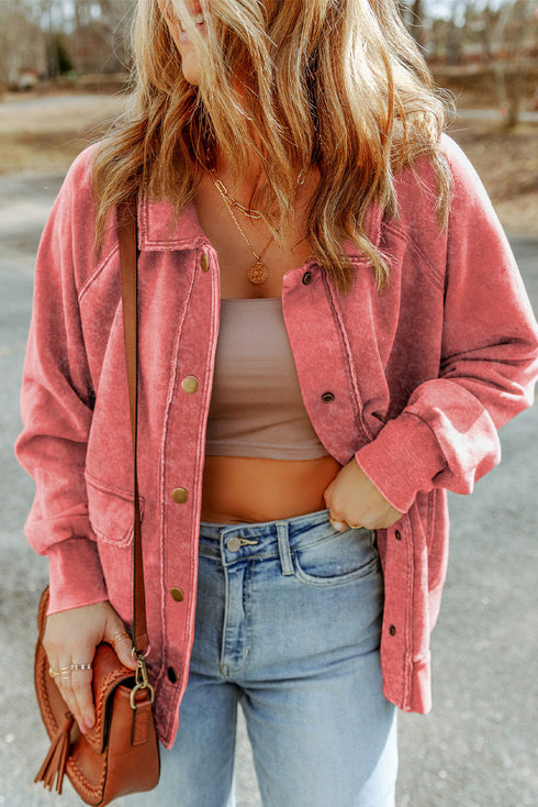 Vintage Washed Solid Flap Pocket Button Up Shacket Jacket