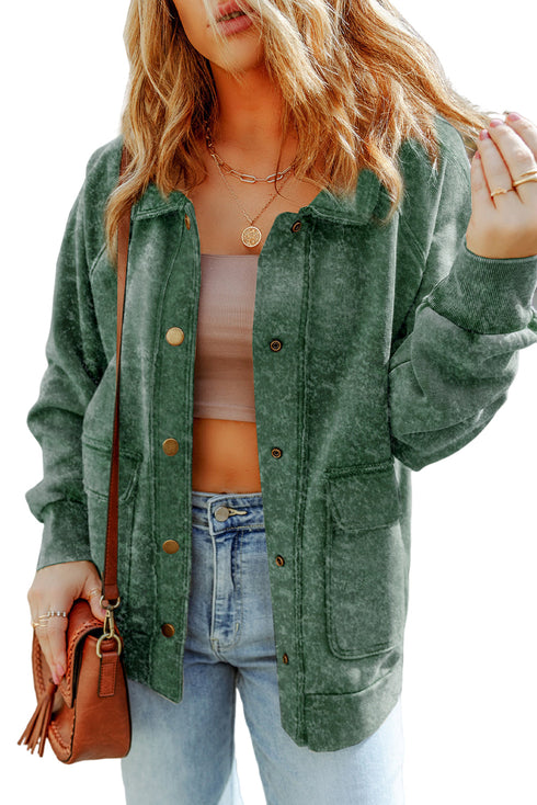 Vintage Washed Solid Flap Pocket Button Up Shacket Jacket