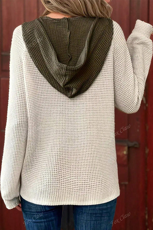 Waffle Contrast Henley Hooded Pullover Long Sleeve Top