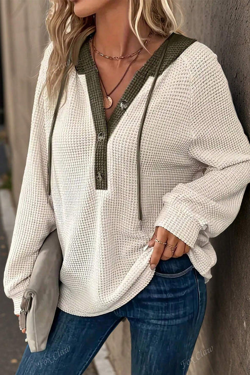 Waffle Contrast Henley Hooded Pullover Long Sleeve Top