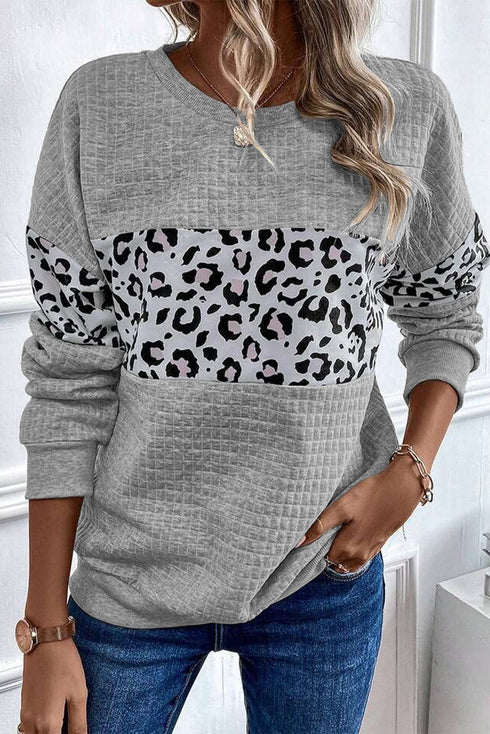 Waffle Knit Animal Print Blocked Pullover Top