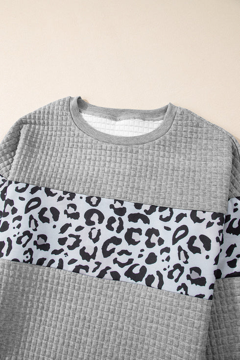 Waffle Knit Animal Print Blocked Pullover Top