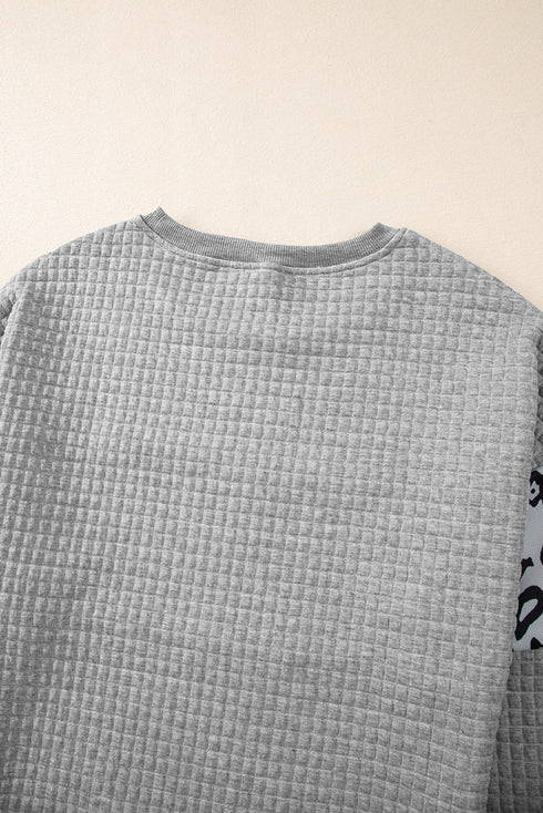 Waffle Knit Animal Print Blocked Pullover Top