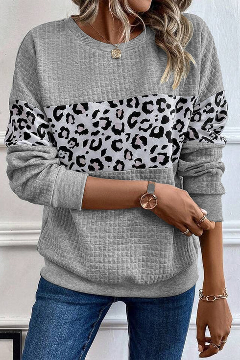 Waffle Knit Animal Print Blocked Pullover Top