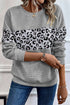 Waffle Knit Animal Print Blocked Pullover Top