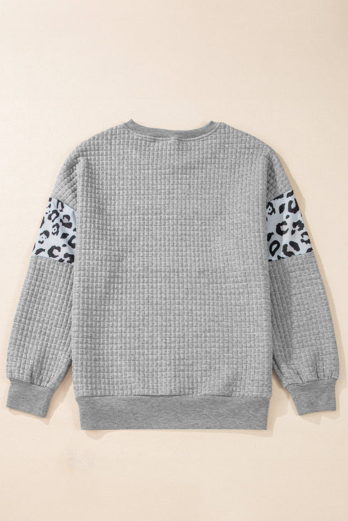 Waffle Knit Animal Print Blocked Pullover Top
