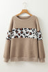 Waffle Knit Animal Print Blocked Pullover Top