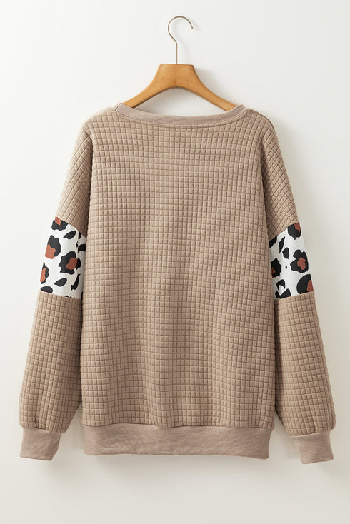 Waffle Knit Animal Print Blocked Pullover Top