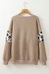 Waffle Knit Animal Print Blocked Pullover Top