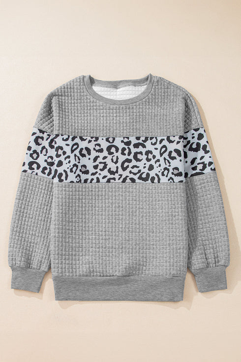 Waffle Knit Animal Print Blocked Pullover Top