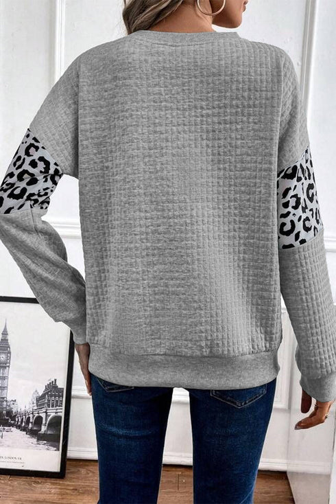 Waffle Knit Animal Print Blocked Pullover Top
