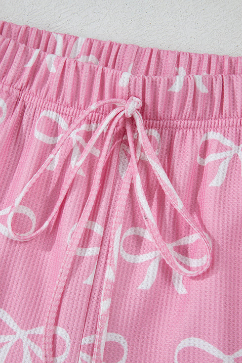Waffle Knit Bow Print V Neck Shorts Lounge Set