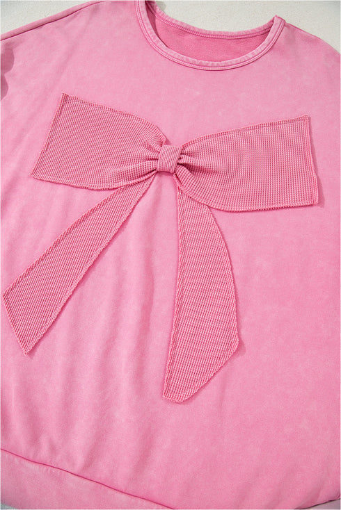 Waffle Knit Bowknot Applique Mineral Wash Plus Size Sweatshirt