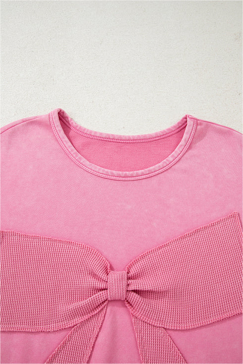 Waffle Knit Bowknot Applique Mineral Wash Plus Size Sweatshirt