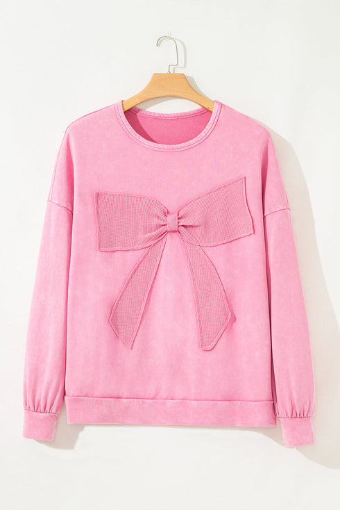 Waffle Knit Bowknot Applique Mineral Wash Plus Size Sweatshirt