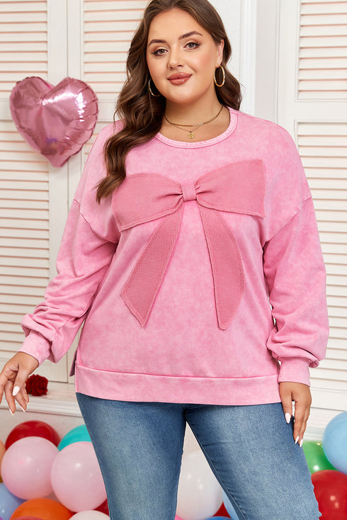 Waffle Knit Bowknot Applique Mineral Wash Plus Size Sweatshirt