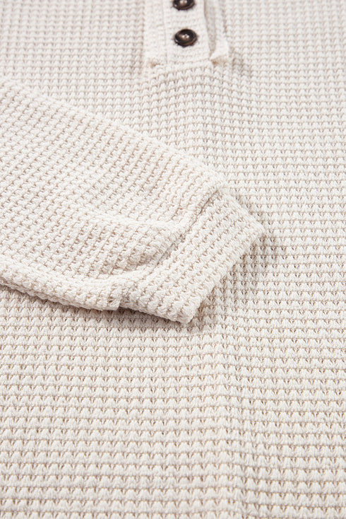 Waffle Knit Button Front Raglan Sleeve Loose Blouse